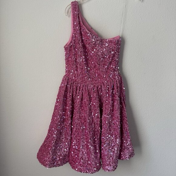 Faeriesty One Shoulder Pink Sequin Cocktail Mini Dress Women's XS Fit And Flare - Picture 1 of 7